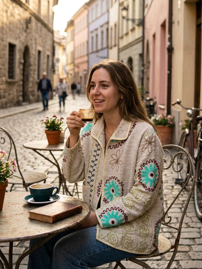 The Marigold Suzani — Hand-Embroidered Cotton Jacket — Ivory with Turquoise & Wine