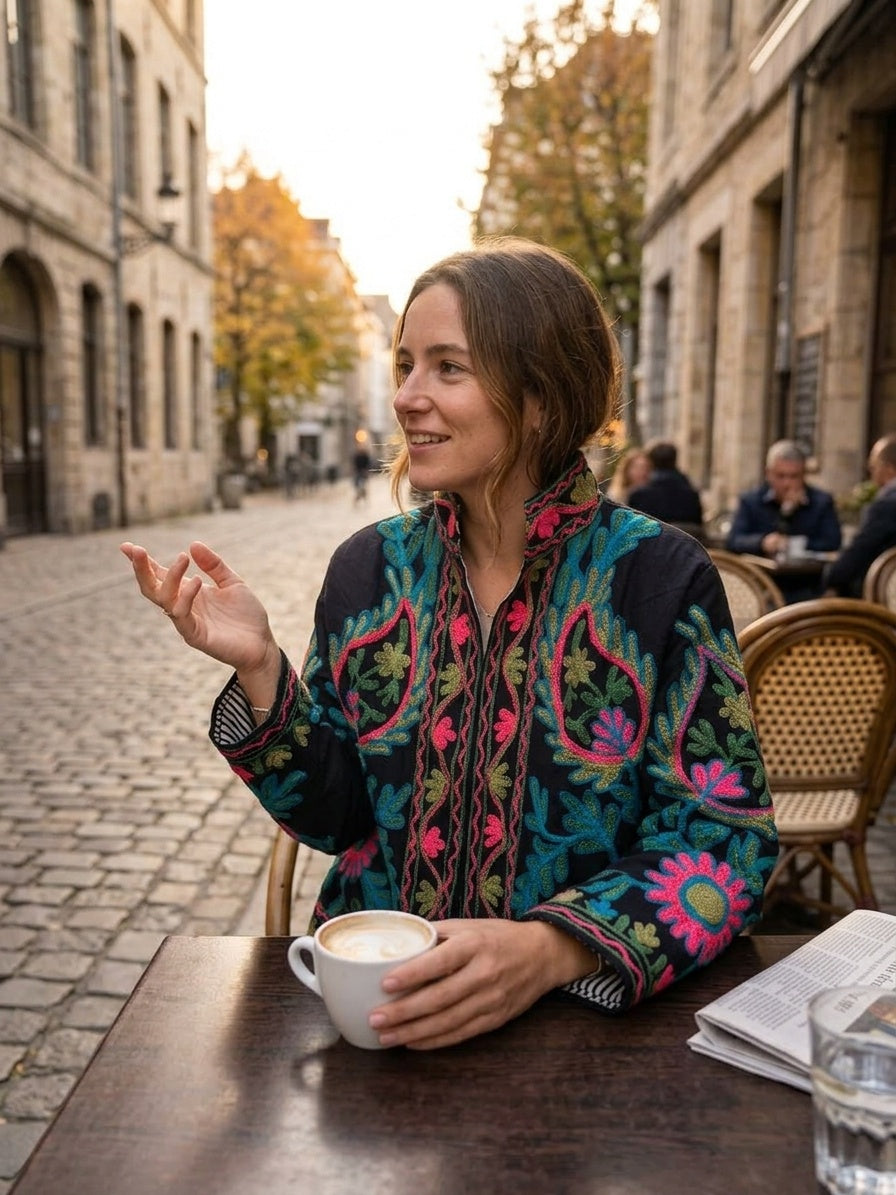 The Samarkand Bloom — Suzani Hand-Embroidered Cotton Jacket — Midnight Black with Teal, Fuchsia & Olive