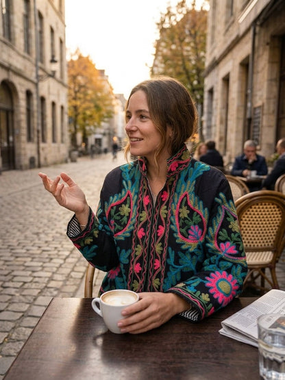 The Samarkand Bloom — Suzani Hand-Embroidered Cotton Jacket — Midnight Black with Teal, Fuchsia & Olive