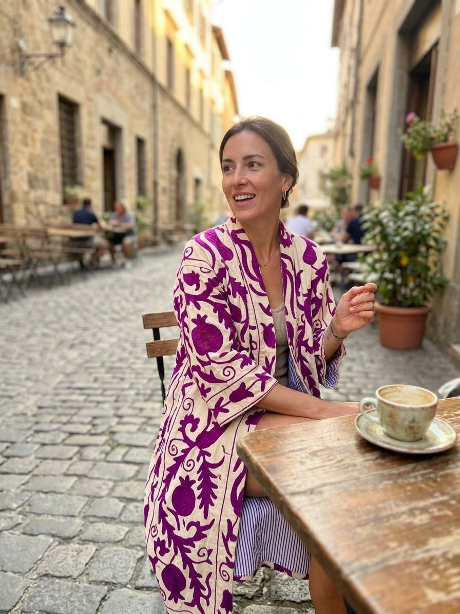 The Bahar Suzani — Hand-Embroidered Velvet Kimono — Ivory & Magenta
