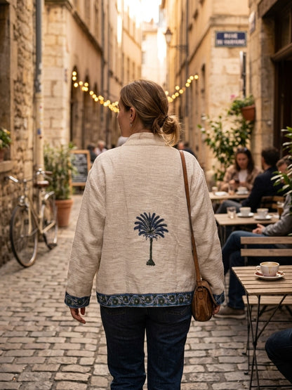 The Khejri Oasis — Hand-Embroidered Cotton Jacket — Undyed Ivory with Indigo Palm