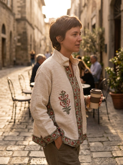The Bagh-e-Gulab — Hand-Embroidered Cotton Jacket — Ivory with Rust Red & Sage Floral Trims