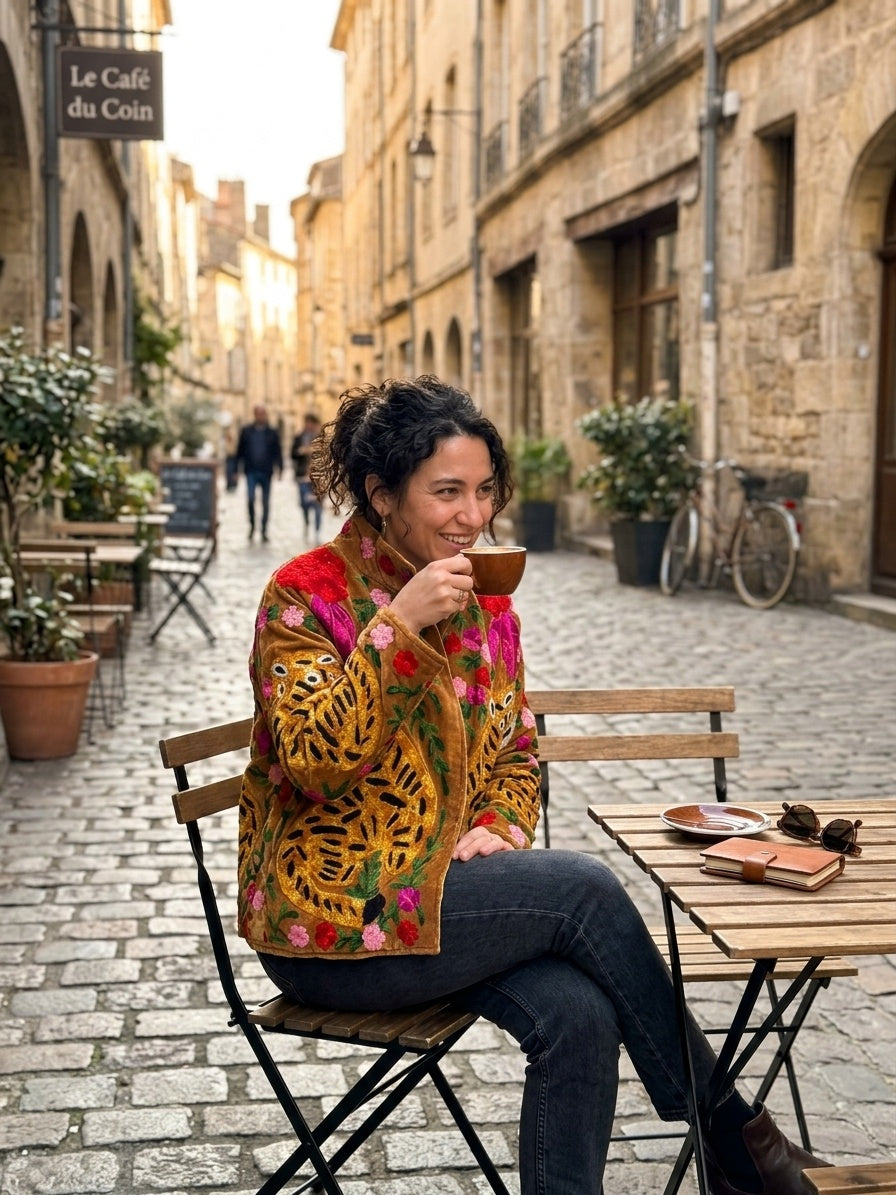 The Bagh Suzani — Hand-Embroidered Velvet Jacket — Camel Gold with Crimson & Magenta Bloom
