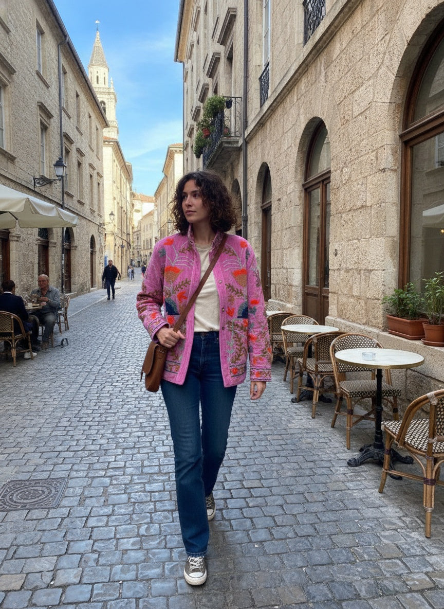 The Anaar Bloom — Suzani Hand-Embroidered Velvet Jacket — Orchid Pink with Rust, Sage & Indigo Florals