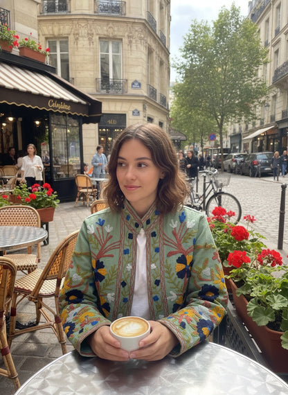The Sage Meadow — Suzani Embroidered Cotton Jacket — Pistachio Green