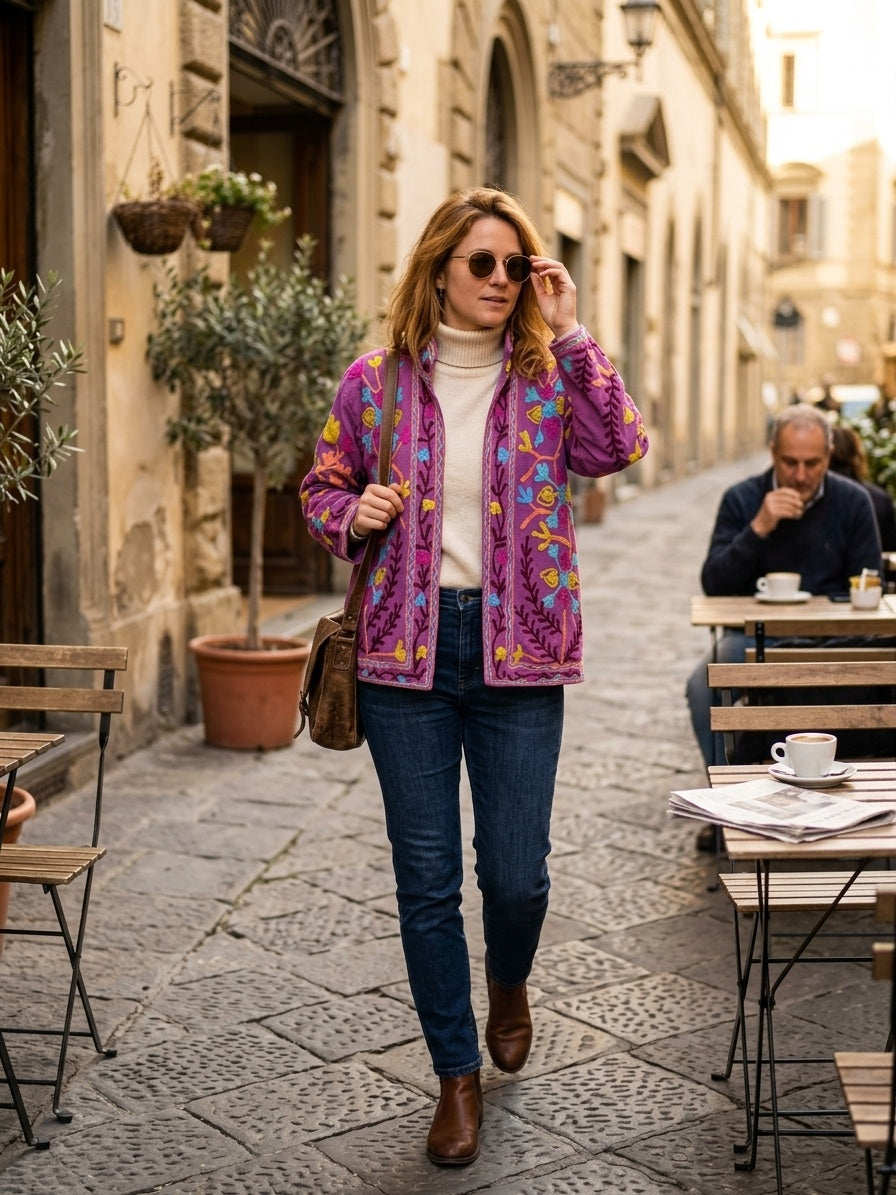 The Samarkand Bloom — Suzani Hand-Embroidered Cotton Jacket — Magenta Orchid