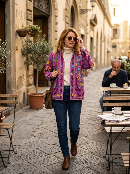 The Samarkand Bloom — Suzani Hand-Embroidered Cotton Jacket — Magenta Orchid