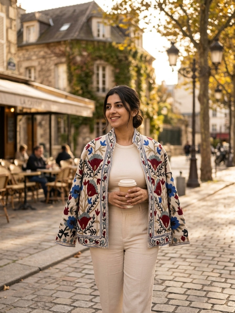 The Bagh-e-Suzani — Hand-Embroidered TNT Cotton Jacket — Ivory with Maroon & Indigo Florals