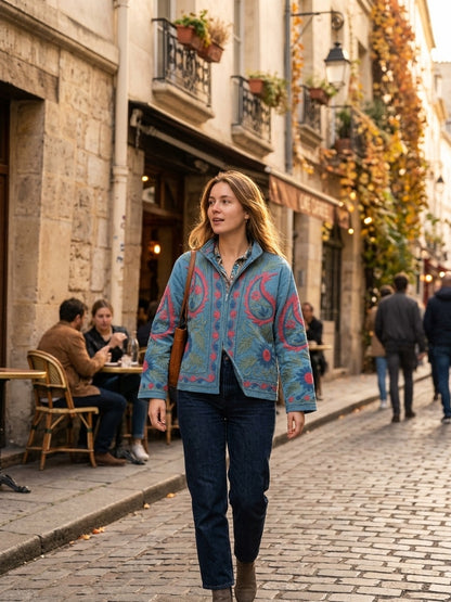 The Suzani Bloom — Suzani-Embroidered Cotton Jacket — Denim Blue with Coral & Sage Florals