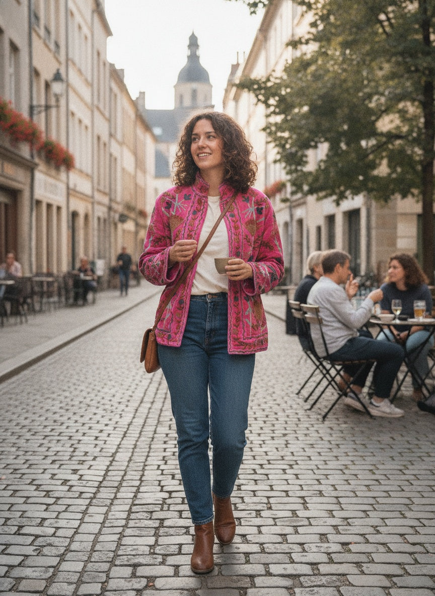 The Rani Bloom — Suzani Embroidered Velvet Jacket — Fuchsia Pink