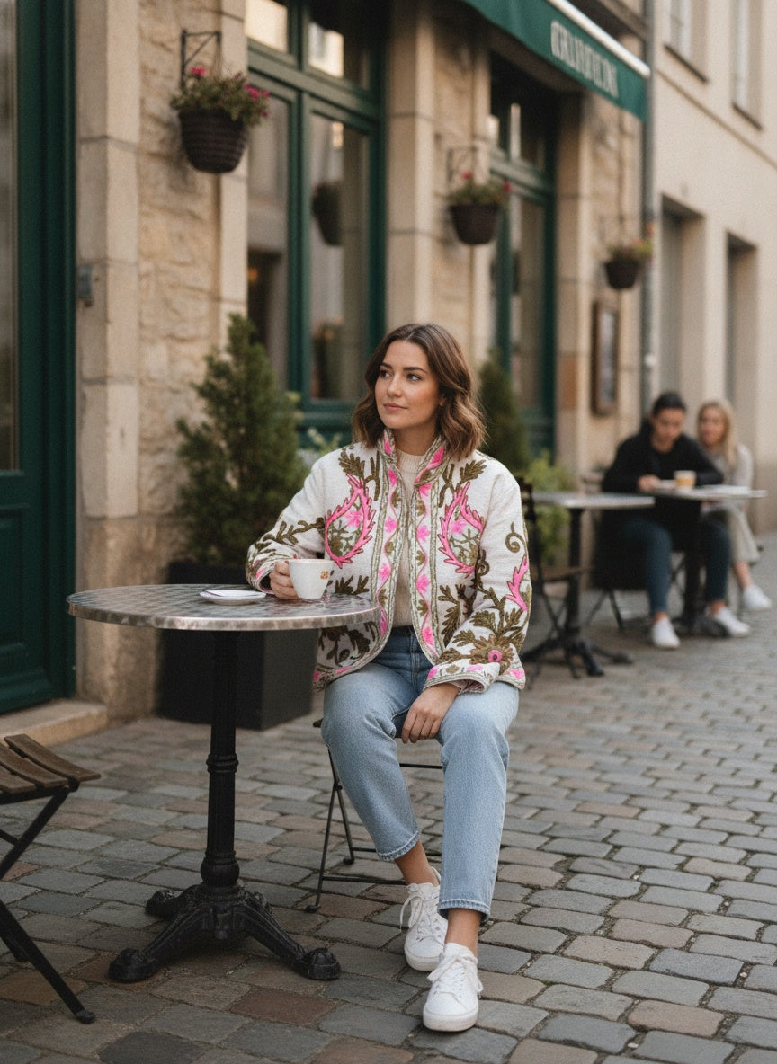The Zafira — Hand-Embroidered Suzani Cotton Jacket — Ivory with Olive & Fuchsia Bloom