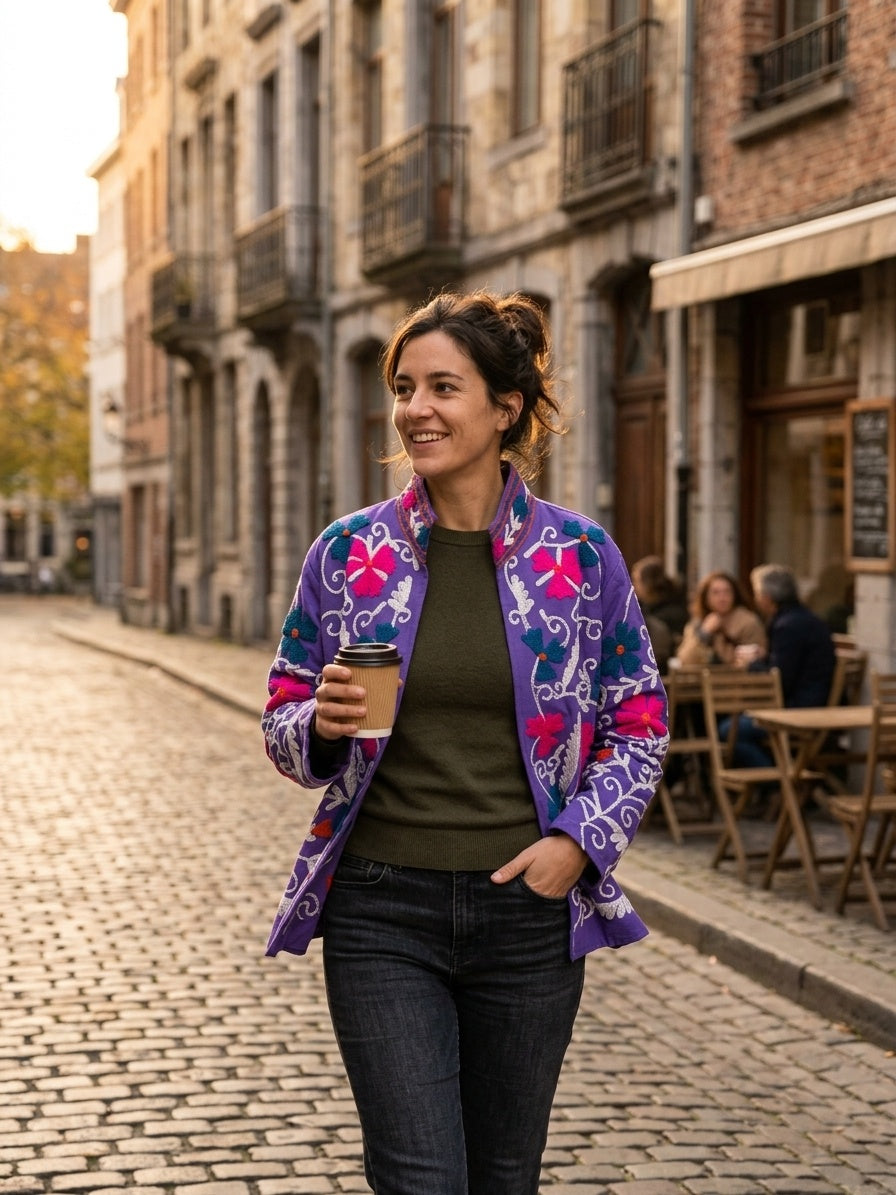 The Violet Suzani — Hand-Embroidered Cotton Jacket — Deep Purple with Fuchsia & Teal Florals