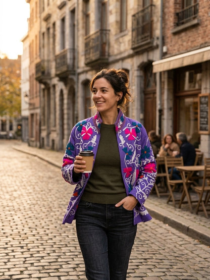 The Violet Suzani — Hand-Embroidered Cotton Jacket — Deep Purple with Fuchsia & Teal Florals