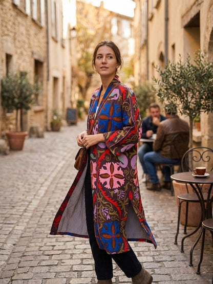 The Samarkand Bloom — Suzani Hand-Embroidered Cotton Kimono — Aubergine with Cobalt & Coral Florals