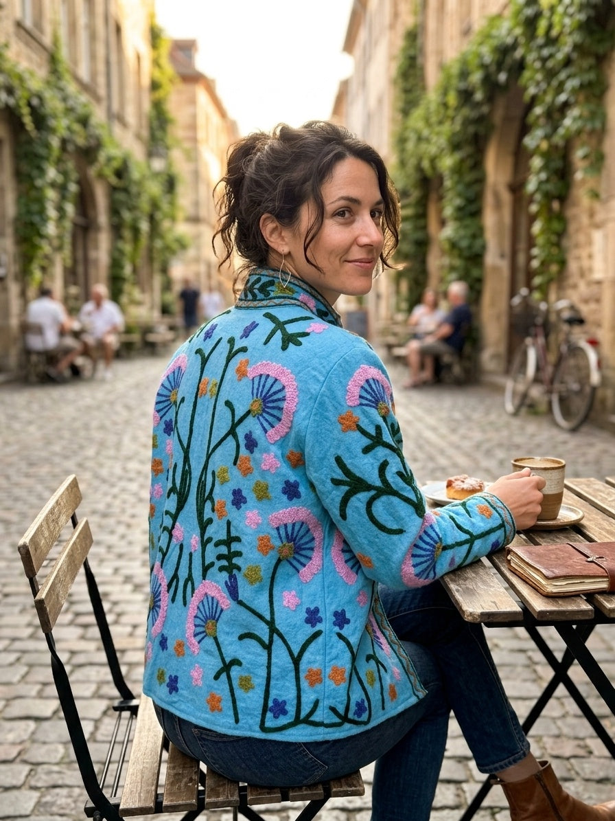 The Turquoise Meadow — Suzani-Embroidered Cotton Jacket — Sky Blue with Blush Pink & Indigo Florals