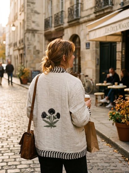 The Marigold Bloom — Hand Block-Printed Cotton Jacket — Undyed Ivory with Ebony Chevron Trim
