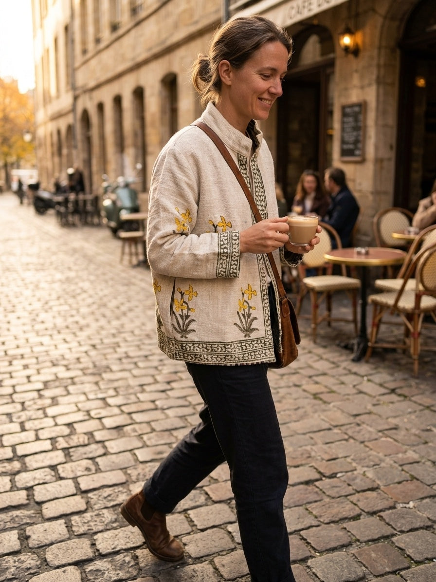 The Sarson Bagh — Hand Block-Printed Cotton Jacket — Ivory with Olive & Mustard Floral Motifs