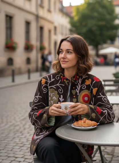The Anar Baagh — Suzani Embroidered Velvet Jacket — Espresso Brown with Marigold & Ruby Blooms