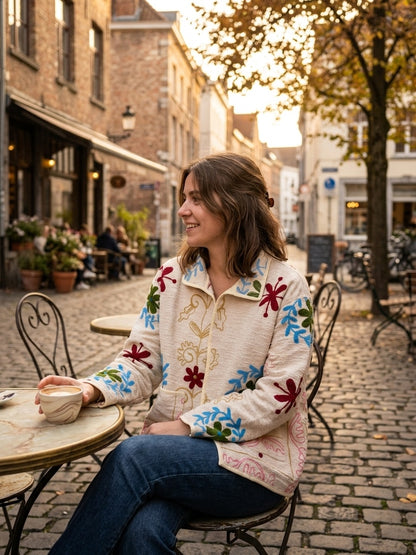 The Baghicha Bloom — Suzani Hand-Embroidered Cotton Jacket — Ivory with Cranberry, Sage & Sky Blue