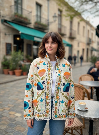 The Samarkand Bloom — Suzani Embroidered Velvet Jacket — Ivory with Terracotta & Teal