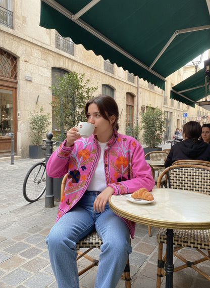 The Marigold Bloom — Suzani Embroidered Cotton Jacket — Fuchsia Pink