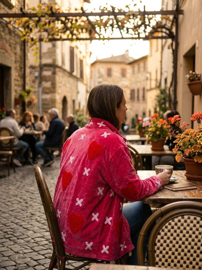 The Kissed Rose — Suzani Embroidered Velvet Jacket — Fuchsia Pink with Crimson Hearts