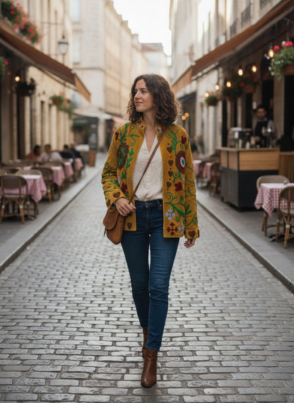 The Marigold Suzani — Hand-Embroidered Velvet Jacket — Turmeric Gold with Vine & Medallion Motifs