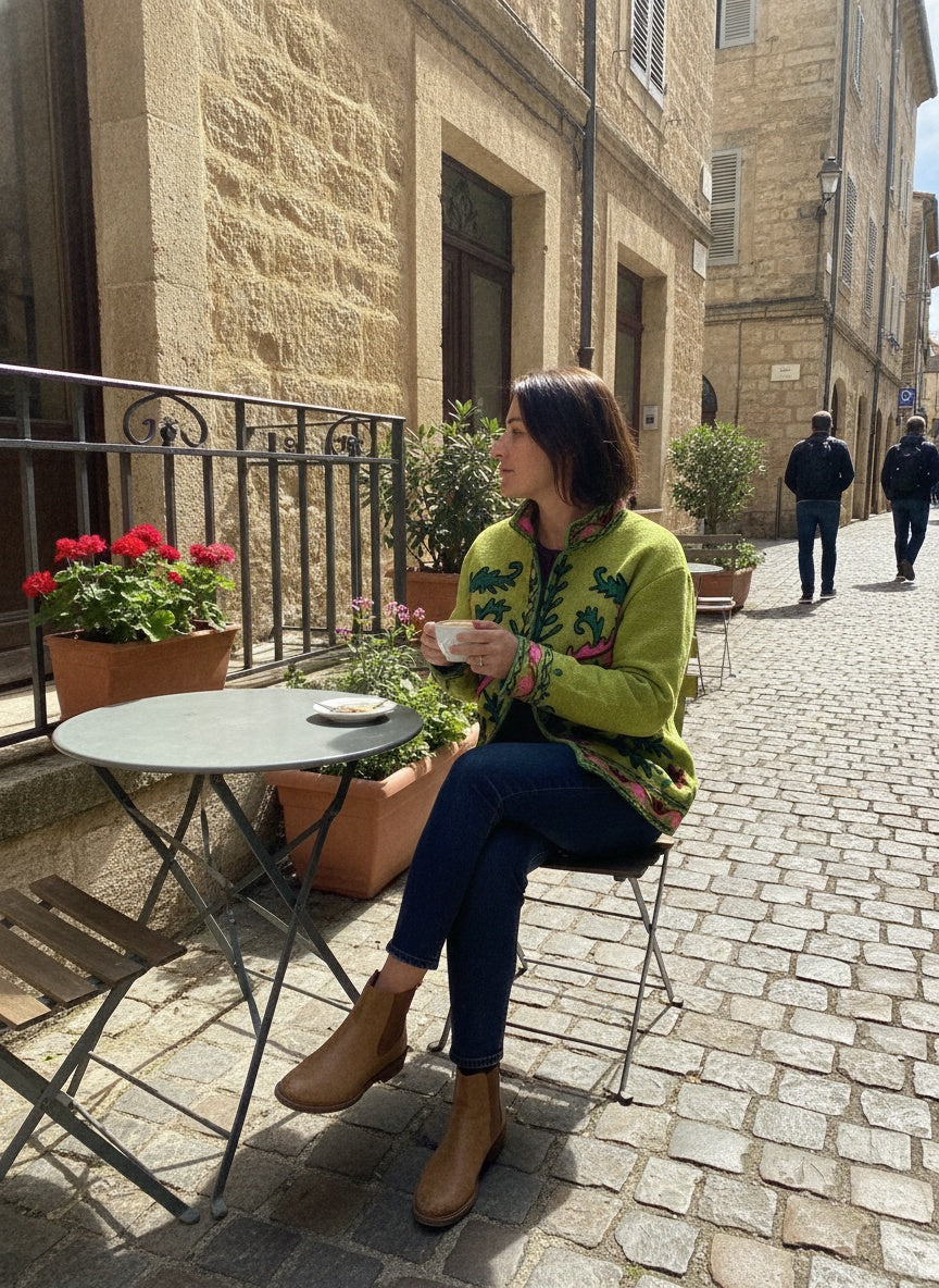 The Lime Orchard Suzani — Hand-Embroidered Cotton Jacket — Chartreuse with Pink & Moss Green Florals