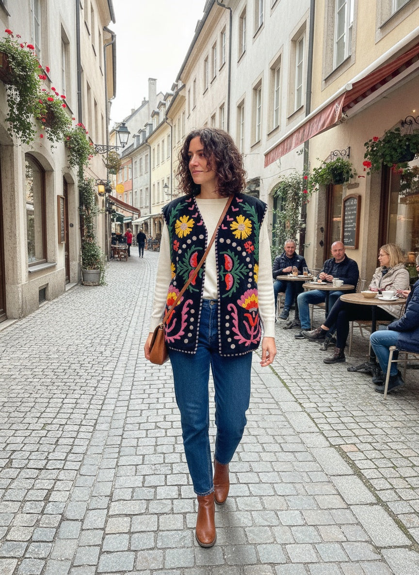 The Marigold Bloom — Suzani Embroidered Velvet Vest — Jet Black with Sunflower Gold & Rose Pink