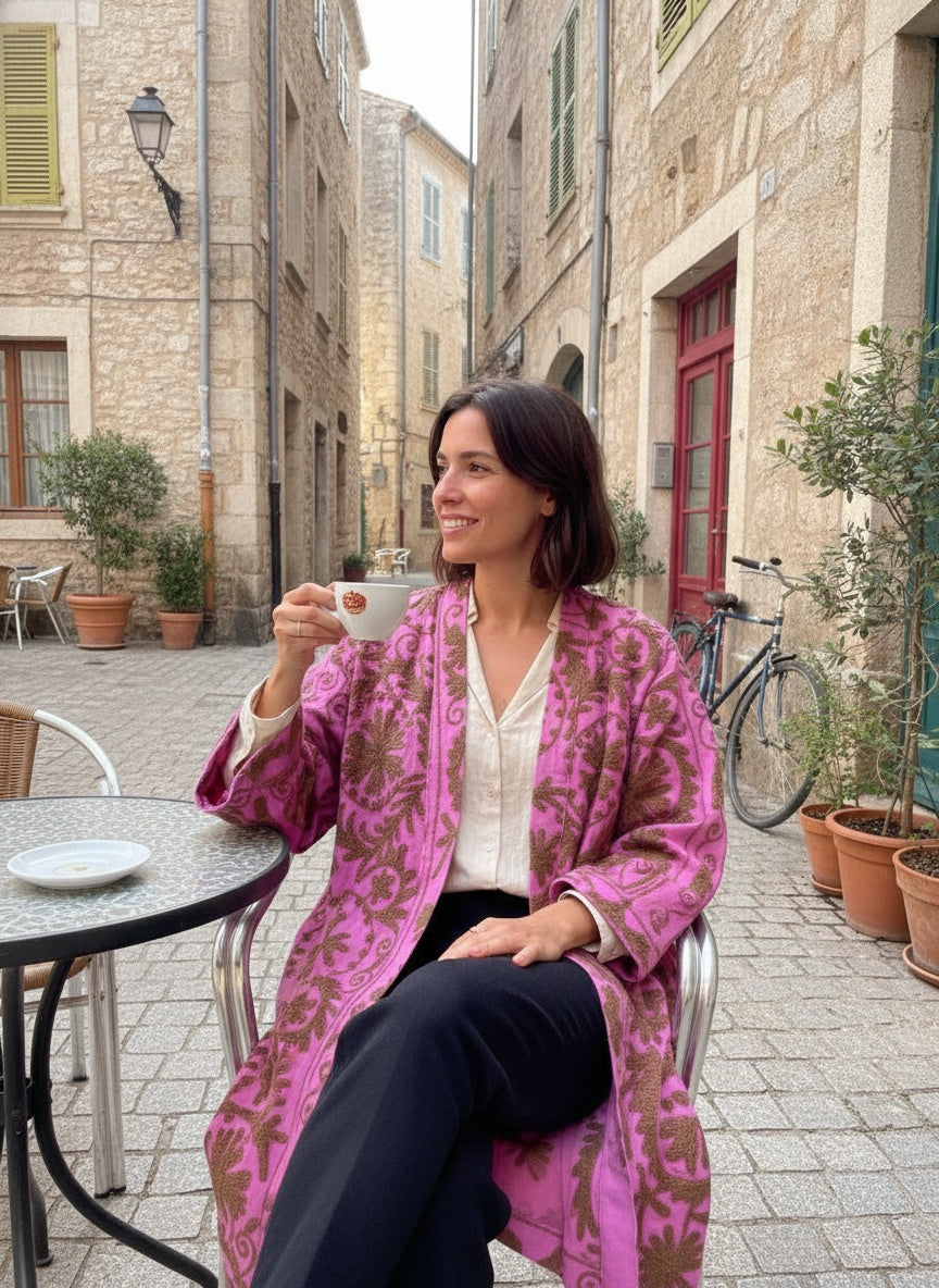 The Orchid Vine — Suzani Embroidered Cotton Jacket — Fuchsia Pink & Umber Brown