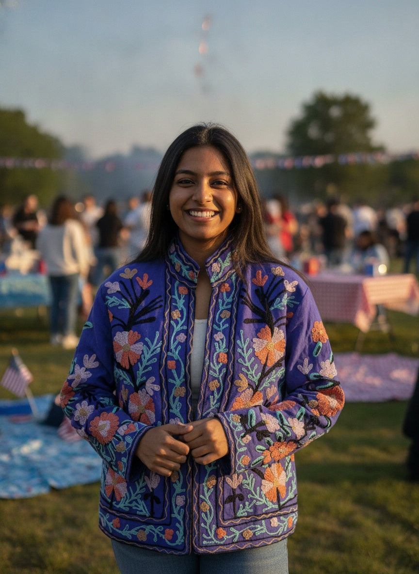 The Twilight Meadow — Suzani Embroidered Cotton Jacket — Violet & Coral Bloom