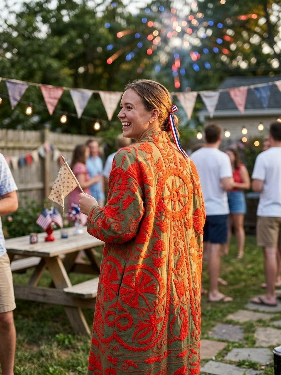 The Samarkand Sun — Suzani Embroidered Cotton Kimono — Olive & Vermillion