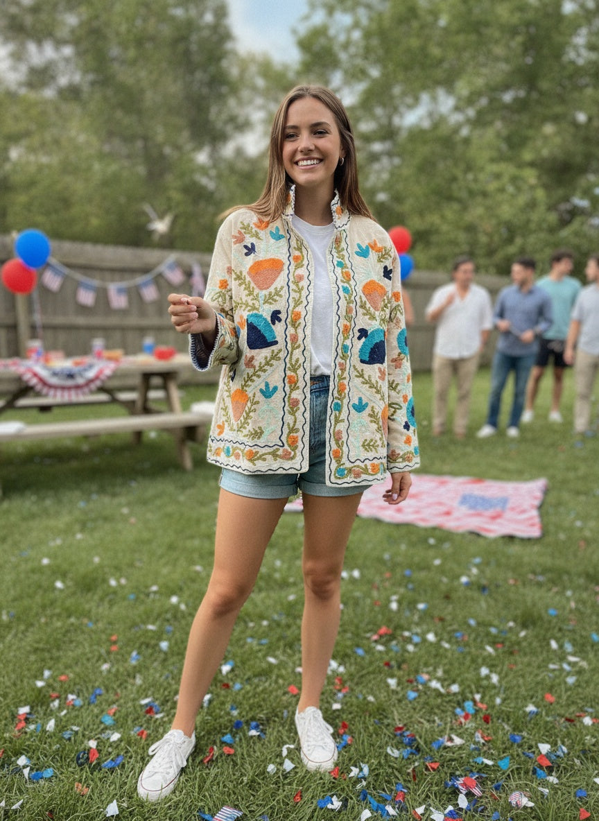The Samarkand Bloom — Suzani Embroidered Velvet Jacket — Ivory with Terracotta & Teal