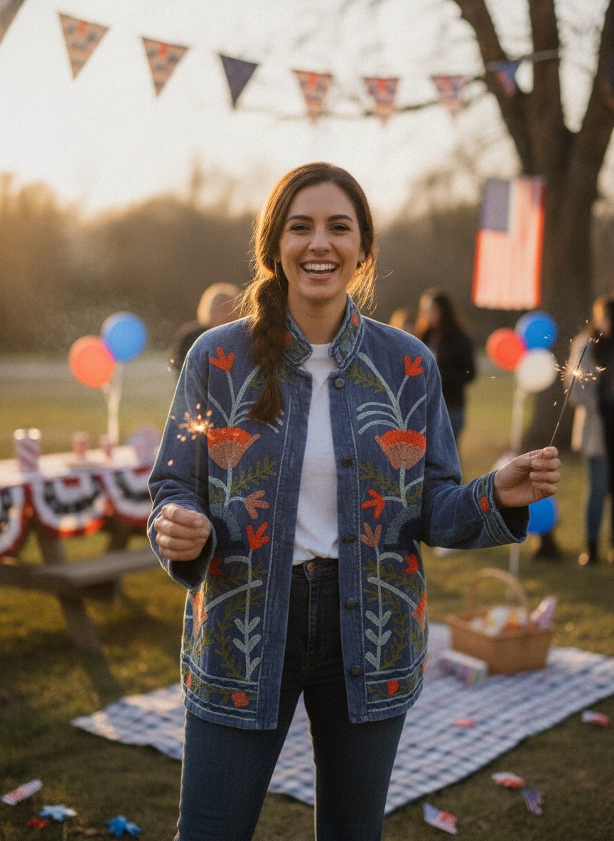 The Marigold Steppe — Suzani Embroidered Velvet Jacket — Indigo Blue