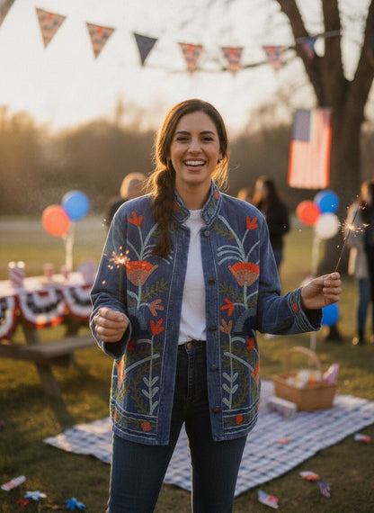 The Marigold Steppe — Suzani Embroidered Velvet Jacket — Indigo Blue