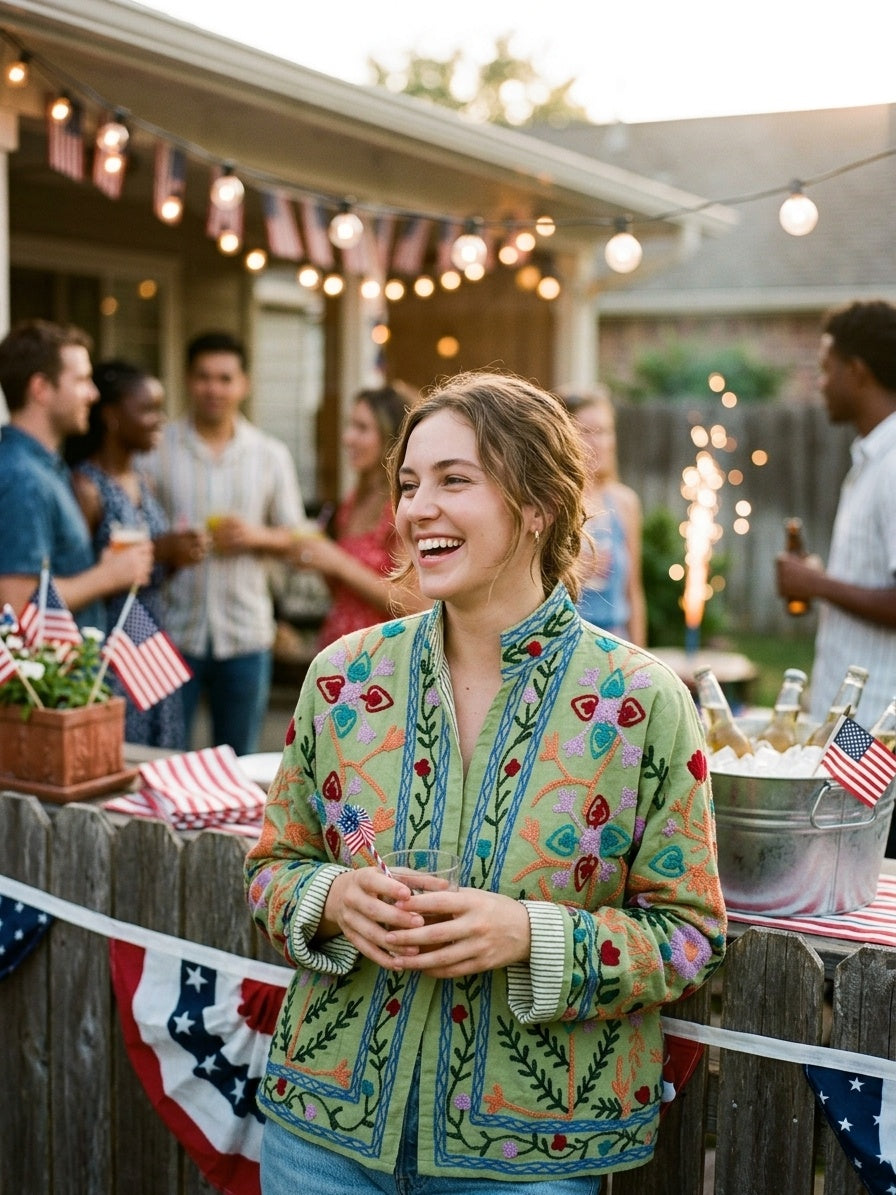 The Sage Meadow — Suzani-Inspired Hand Embroidered Cotton Jacket — Pistachio Green with Coral, Lilac & Cerulean Florals