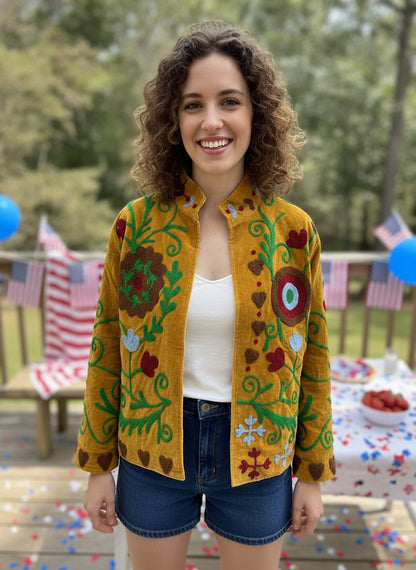 The Marigold Suzani — Hand-Embroidered Velvet Jacket — Turmeric Gold with Vine & Medallion Motifs