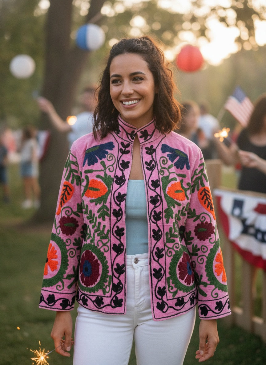 The Bibi Blossom — Suzani Embroidered Velvet Jacket — Bubblegum Pink