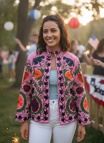 The Bibi Blossom — Suzani Embroidered Velvet Jacket — Bubblegum Pink