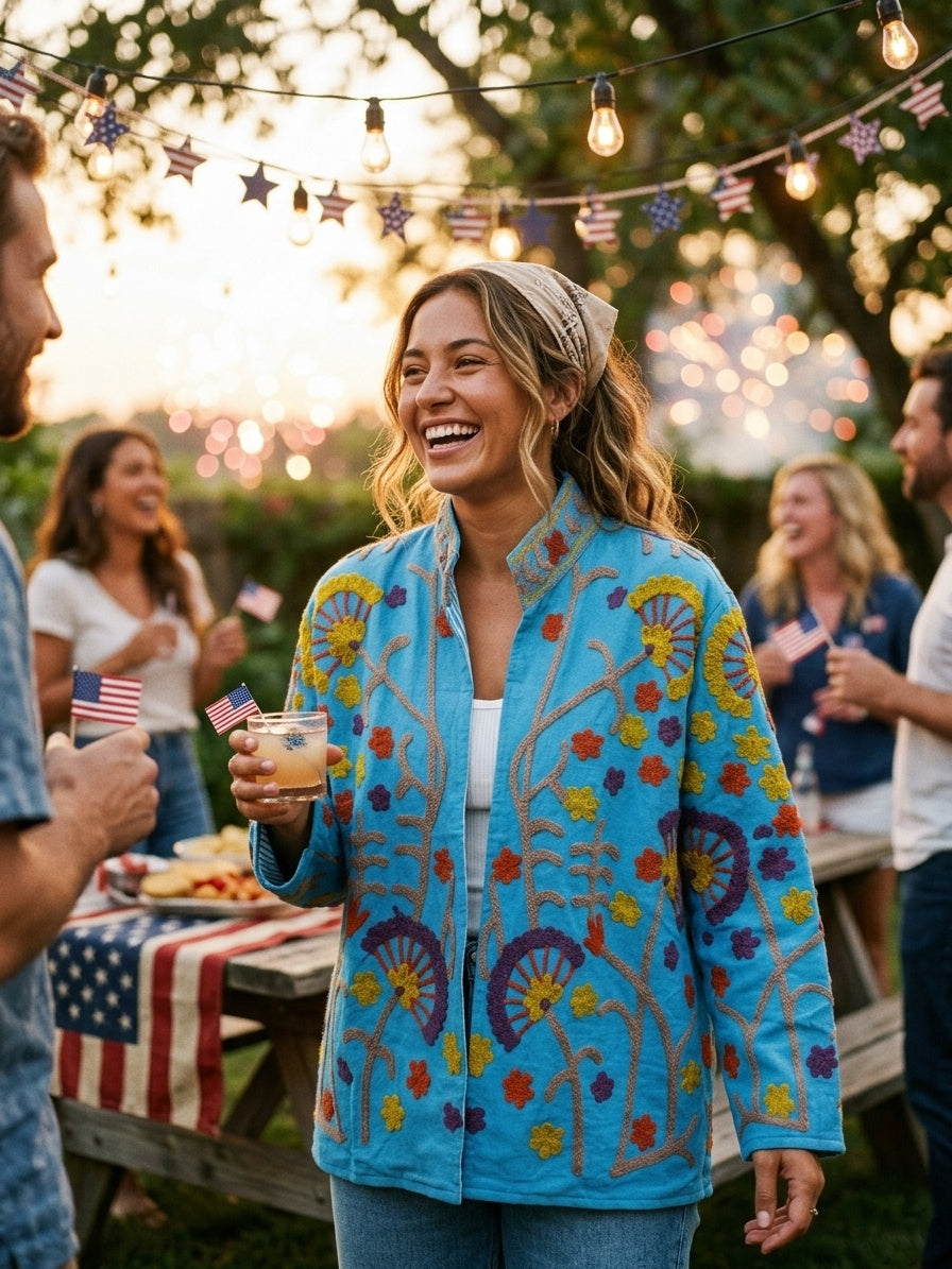 The Turquoise Oasis — Suzani Crewel-Embroidered Cotton Jacket — Sky Blue with Mustard, Rust & Plum