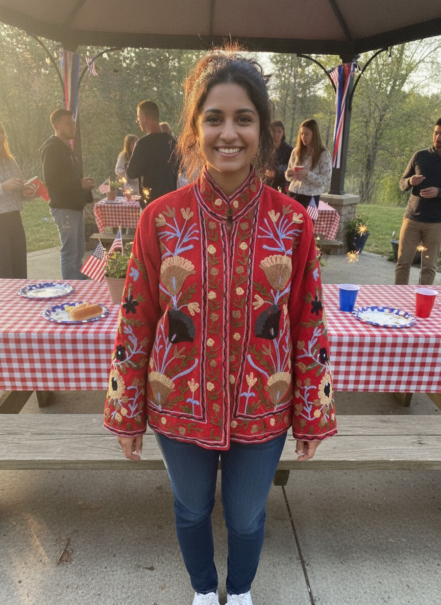 The Anaar Bloom — Suzani Embroidered Velvet Jacket — Crimson Red with Sage & Sand Florals