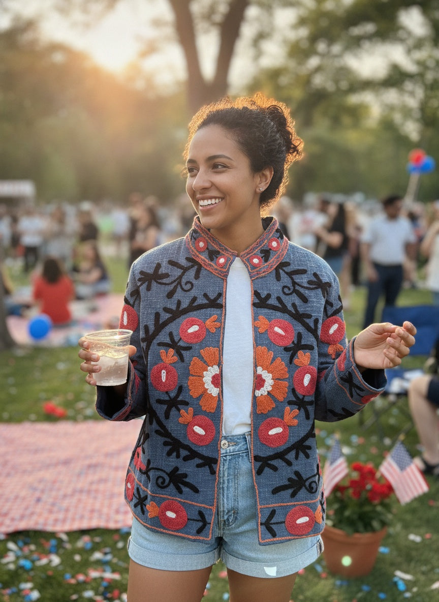 The Samarkand Bloom — Suzani Hand-Embroidered Cotton Jacket — Slate Blue with Coral & Marigold Florals