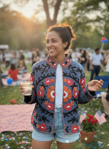 The Samarkand Bloom — Suzani Hand-Embroidered Cotton Jacket — Slate Blue with Coral & Marigold Florals