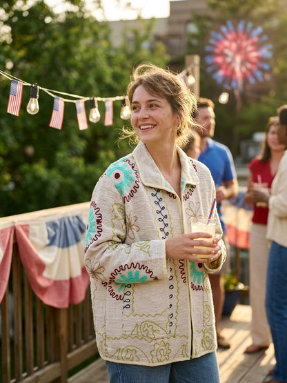 The Marigold Suzani — Hand-Embroidered Cotton Jacket — Ivory with Turquoise & Wine