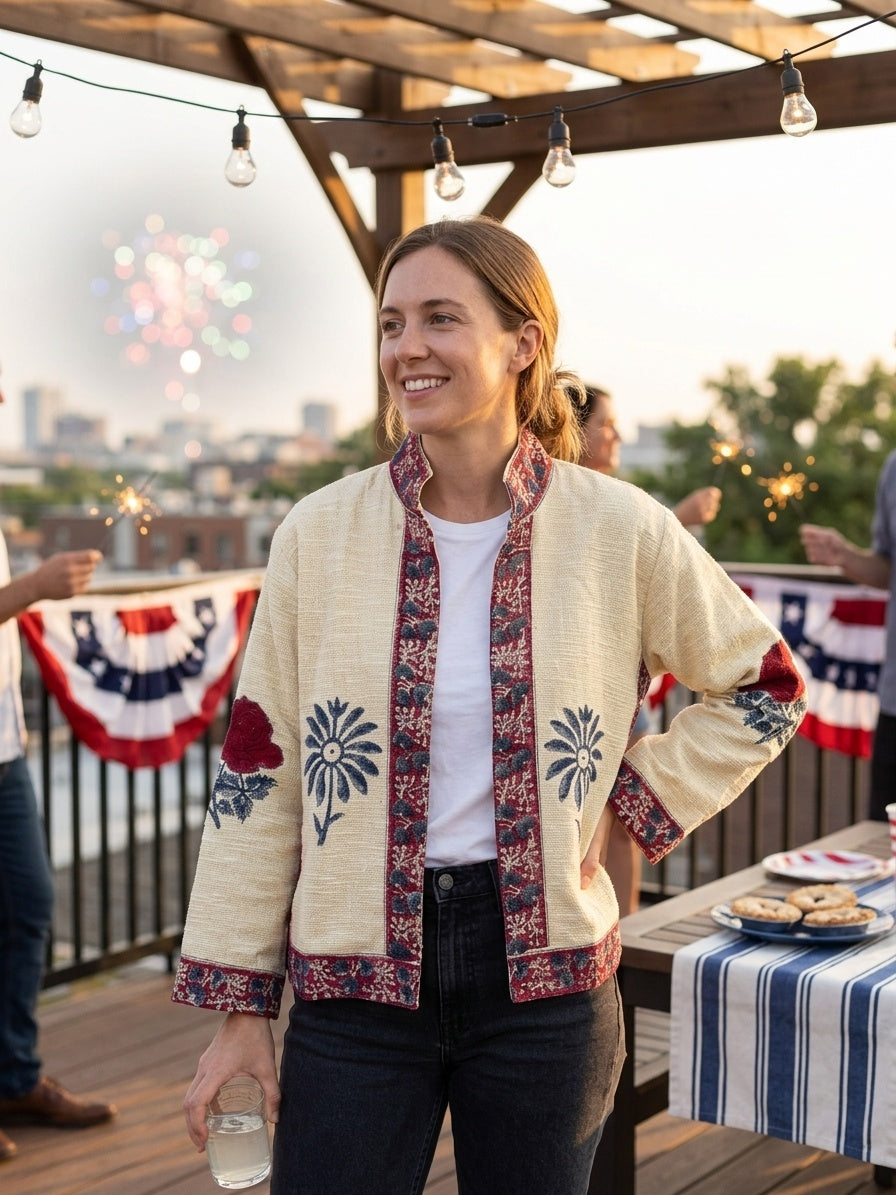 The Bagh Marigold — Suzani Hand-Embroidered Cotton Jacket — Ivory with Indigo & Wine Bordering