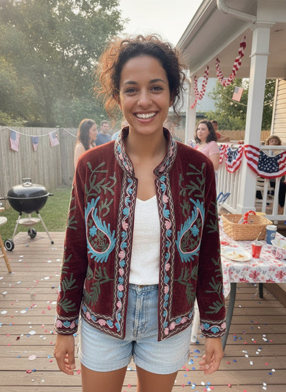 The Zafar Bloom — Suzani Embroidered Velvet Jacket — Brick Maroon with Turquoise & Rose
