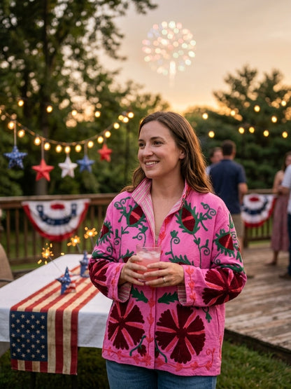 The Bibi Blossom — Suzani Hand-Embroidered Cotton Jacket — Fuchsia Pink with Maroon & Forest Green Florals