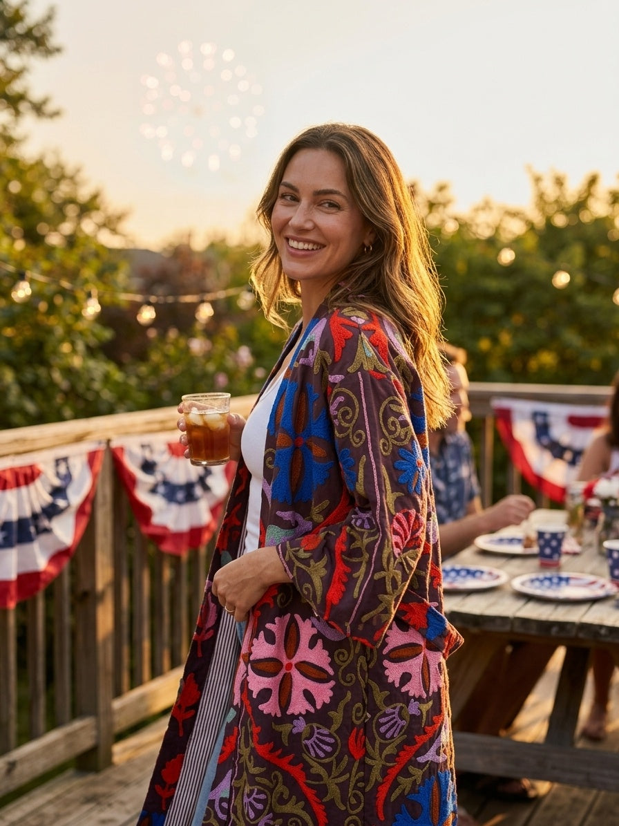 The Samarkand Bloom — Suzani Hand-Embroidered Cotton Kimono — Aubergine with Cobalt & Coral Florals