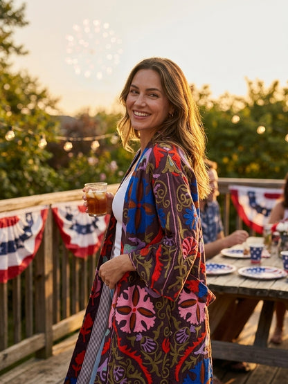 The Samarkand Bloom — Suzani Hand-Embroidered Cotton Kimono — Aubergine with Cobalt & Coral Florals