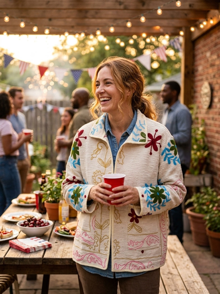 The Baghicha Bloom — Suzani Hand-Embroidered Cotton Jacket — Ivory with Cranberry, Sage & Sky Blue